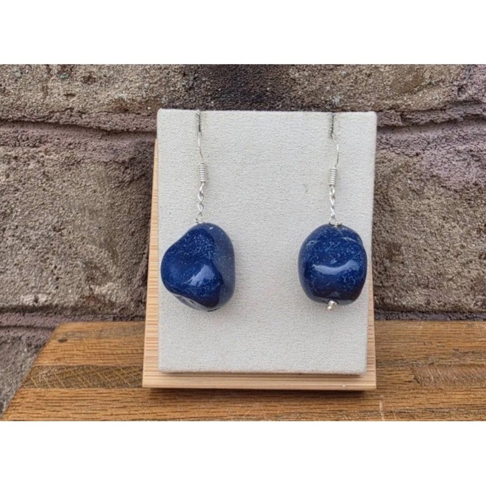 Lapis Lazuli Gemstone Dangle Earrings Blue Drop Stone Artisan Silver Tone